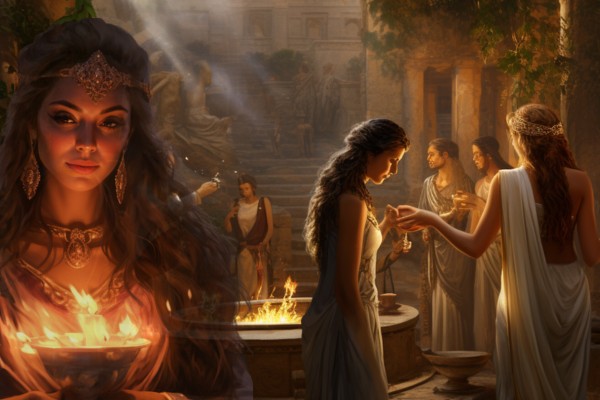 Goddess Hestia with people gathered around the home.