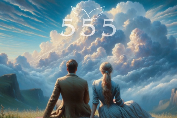 Couple in love looking at 555 in the clouds.