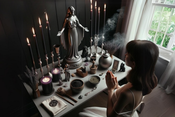 Woman saying a prayer to Hecate at the altar.