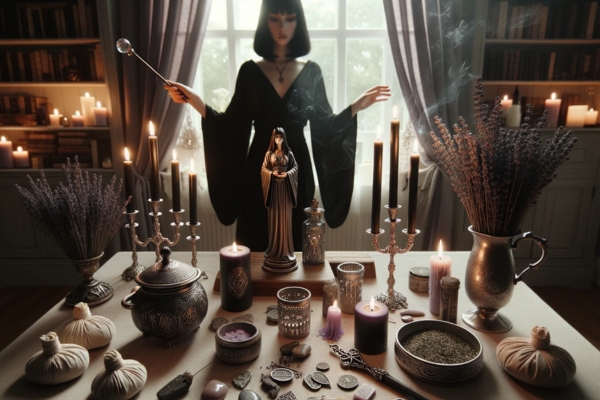 Woman casting a spell in honor of Hecate.