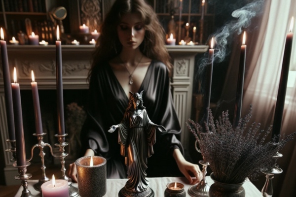 Woman about to say a prayer to Goddess Hecate.