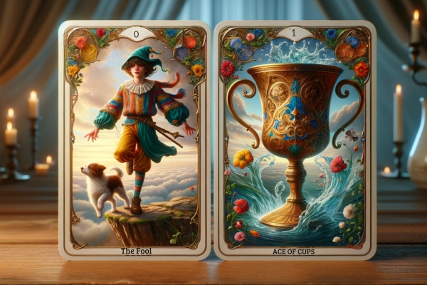 Ace of Cups and The Fool tarot cards together.