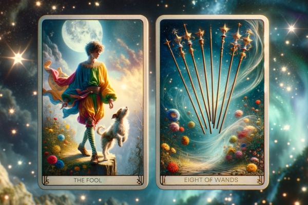 The eight of wands combined with the fool.