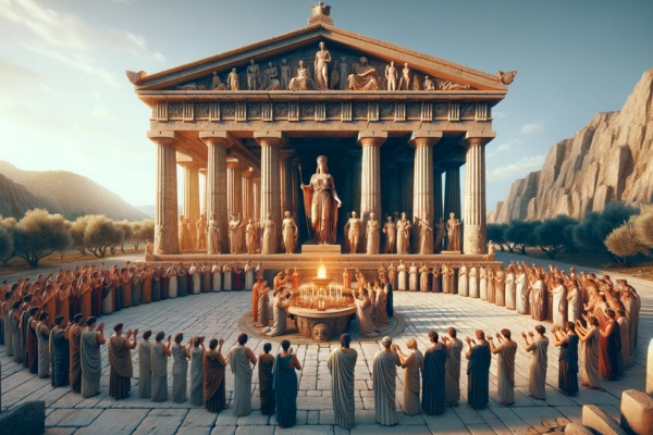 People gathered around worshipping Nike the Greek Goddess.