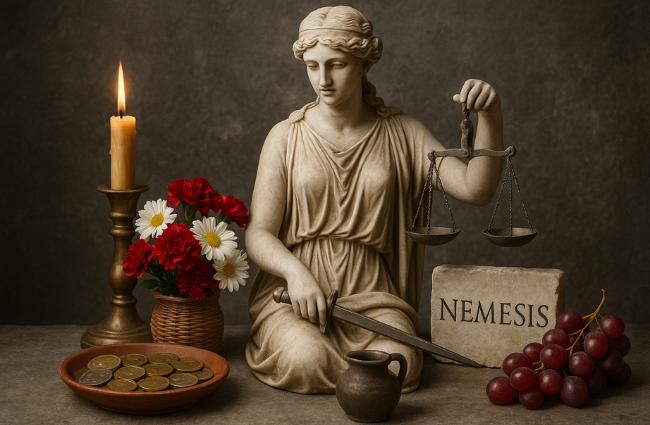 Table filled with offerings to Nemesis.